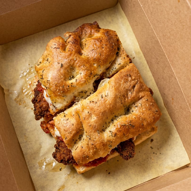 A crispy chicken sandwich with red sauce and melted cheese on focaccia bread in a takeout box.